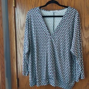 Geometric V-Neck Blouse - Black, White, and Red Size Lg